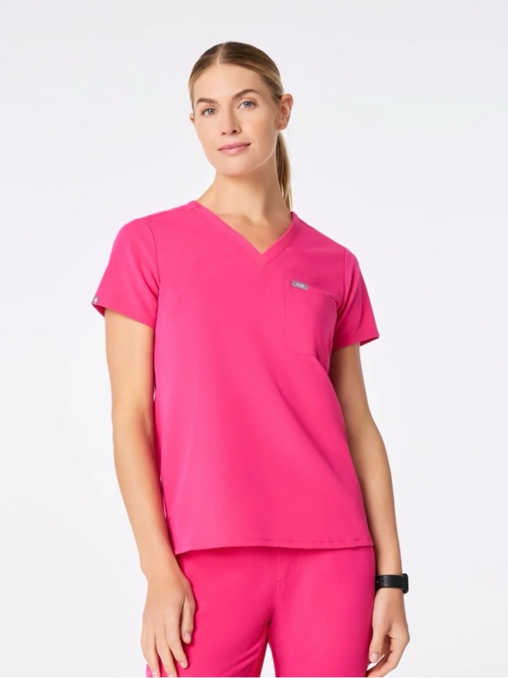 Figs Women's V-Neck Scrub Top in Shocking Pink